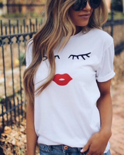 Pretty and Cute Eye Lashes Red Lips Print Women T Shirt Summer Casual Short Sleeve O Neck T-shirt Ladies White TShirt Tops - Image 2