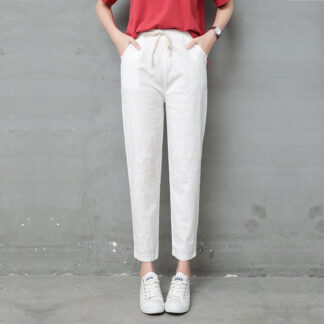 Summer Harem linen Pants Women fashion Elastic Mid Waist Black Trousers 2019 Pantalon Femme Office Lady Casual Pencil Pants